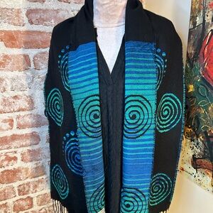 Molina abstract circles shawl scarf black green blue fringe